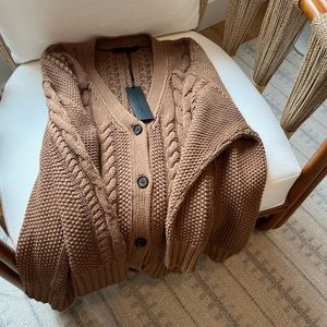 Jenni Kayne cable cardigan sweater in dark camel New.